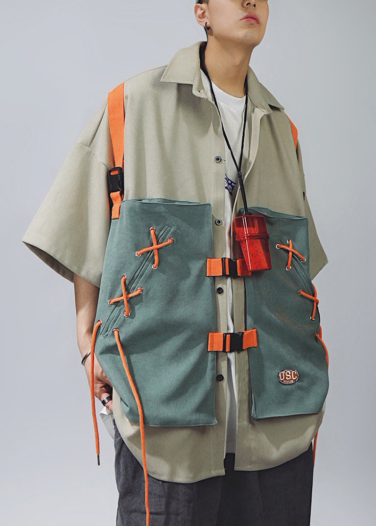 Hemden Spitze Ärmel Up Männer Baumwolle Halb Chic T Patchwork Khaki