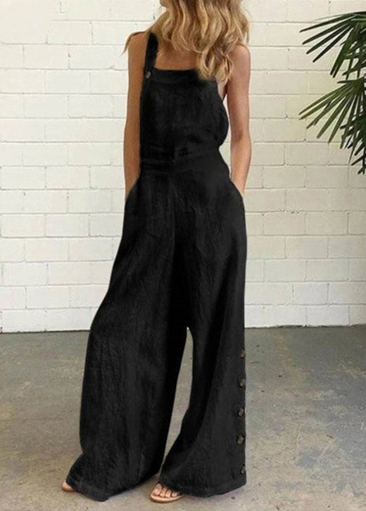Khaki Cotton Chic Patchwork Pockets Jumpsuit Button Summer