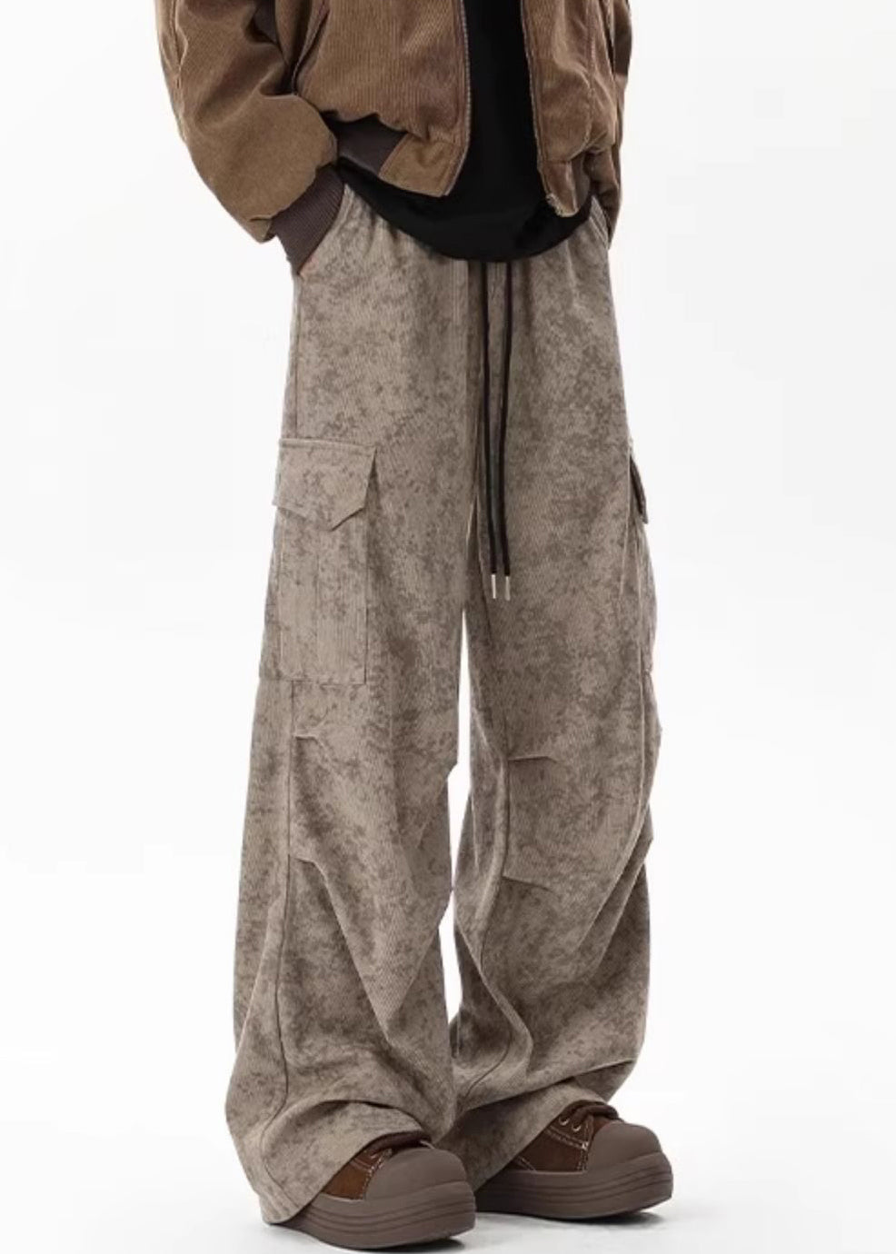 Pantalon en velours côtelé teinté à nouer, taille chic, kaki, poches élastiques