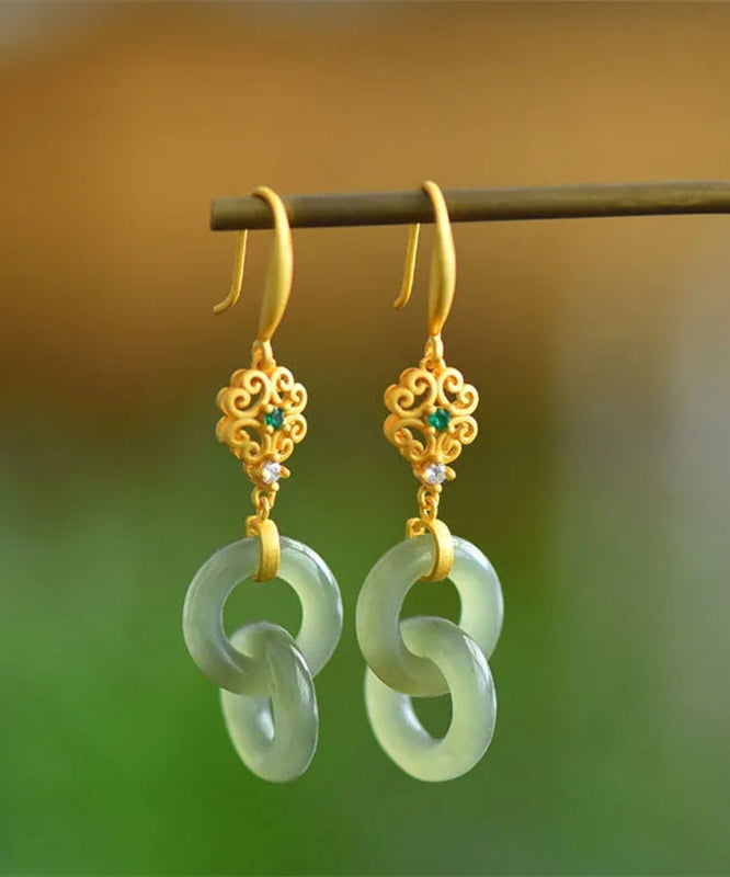 Boucles d'oreilles pendantes chics en argent sterling vert clair avec double anneau en jade et zircon GH1020