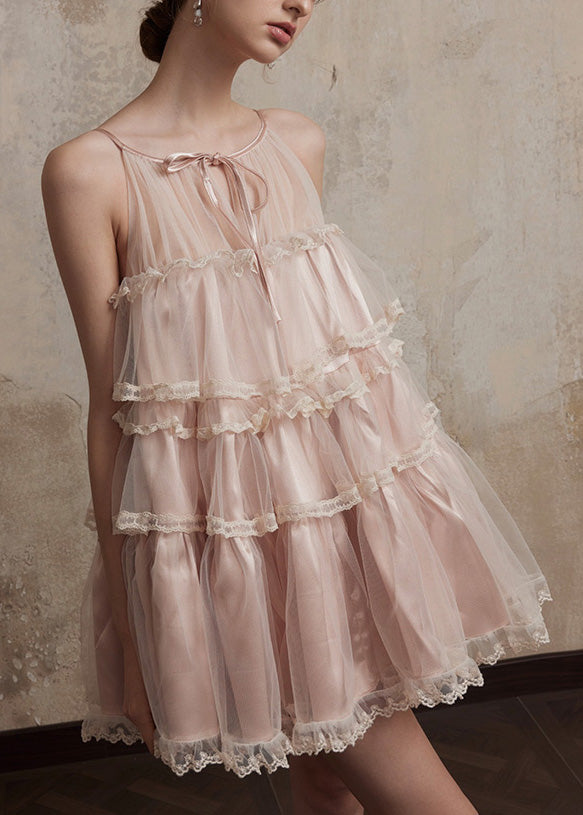 Rüschen Patchwork Tüll Rosa Chic Sommer Kleider Mini
