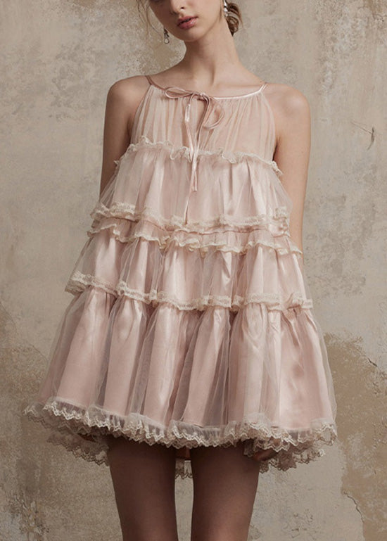 Rüschen Patchwork Tüll Rosa Chic Sommer Kleider Mini