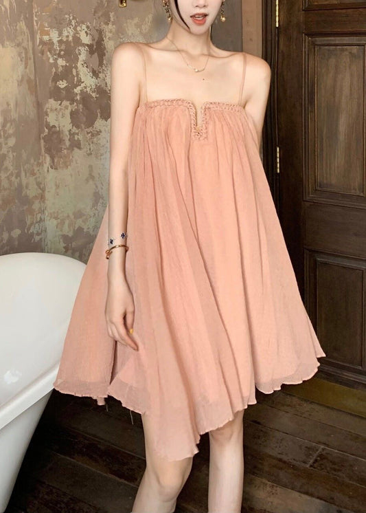 Robe en tulle froissée d'été rose chic à bretelles spaghetti