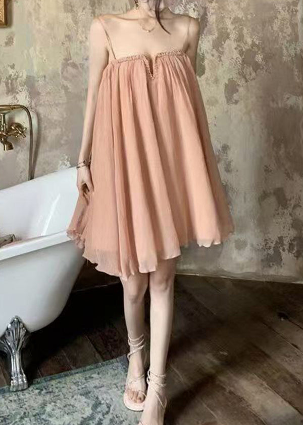 Tüllkleid Falten Sommer Rosa Schick Träger Spaghetti