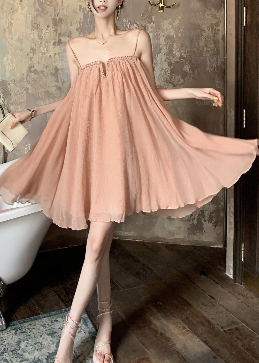 Tüllkleid Falten Sommer Rosa Schick Träger Spaghetti