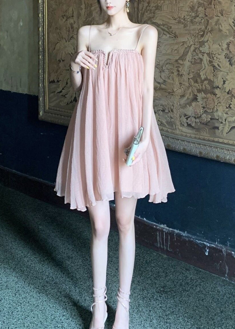 Tüllkleid Falten Sommer Rosa Schick Träger Spaghetti