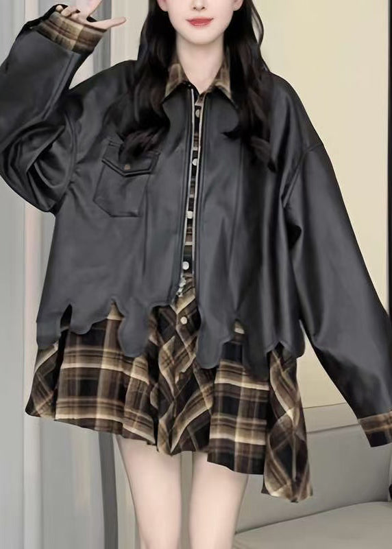 Manteau en similicuir deux pièces chic à carreaux patchwork, printemps TY004