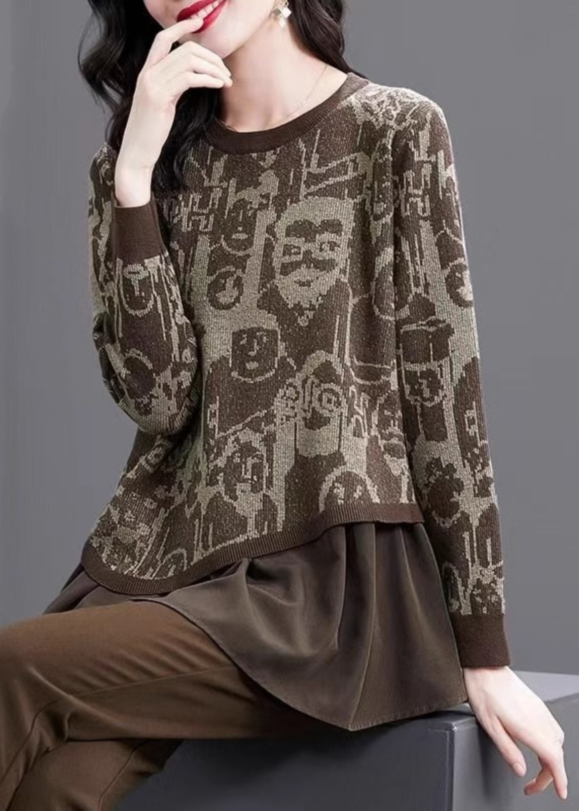 Pull en tricot de coton deux pièces à imprimé chic, hiver TE028
