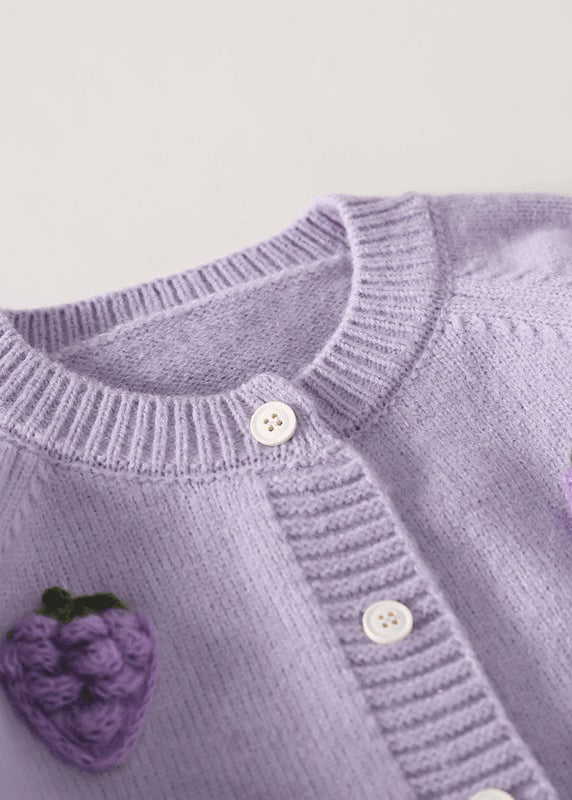 Cardigan chic en tricot de coton à boutons brodés violets pour fille, printemps TP037