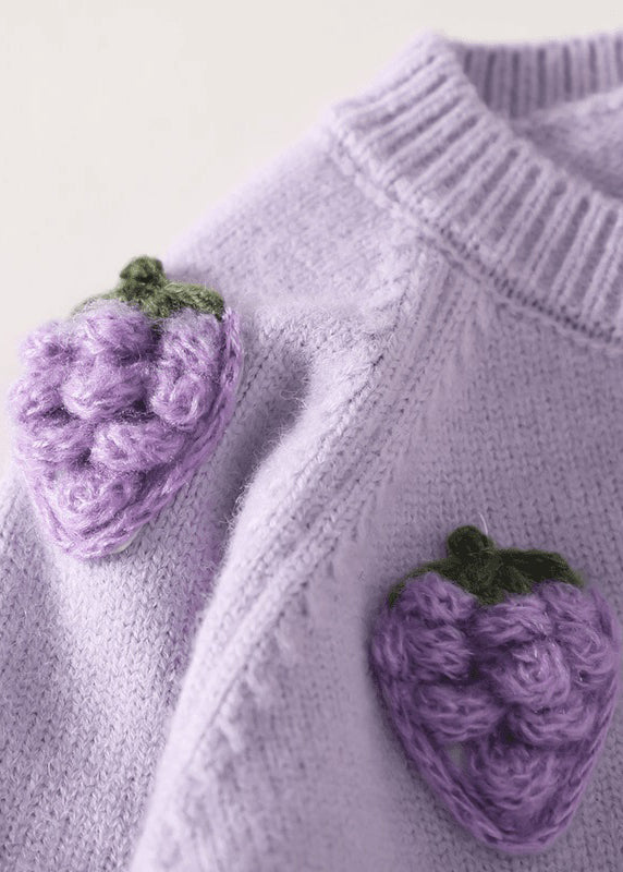 Cardigan chic en tricot de coton à boutons brodés violets pour fille, printemps TP037