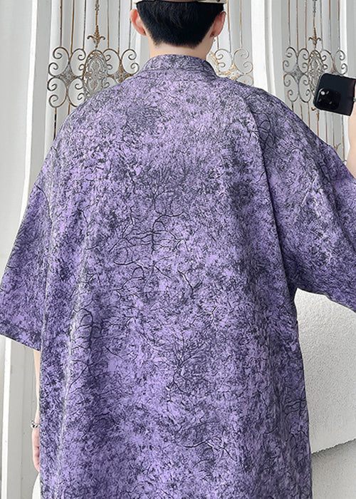 Chemise homme en soie glacée à manches mi-longues avec poches et imprimé violet chic YT065
