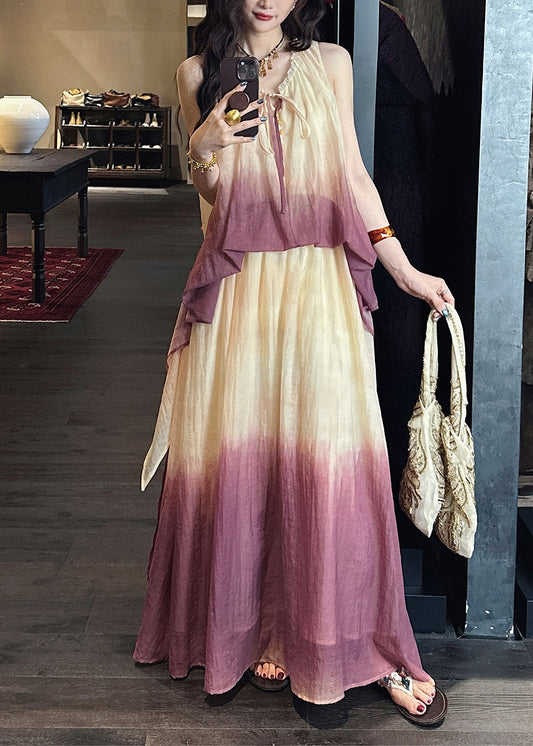 V Chic Purple Two False Pieces Neck Silk Linen Ruffled Dress