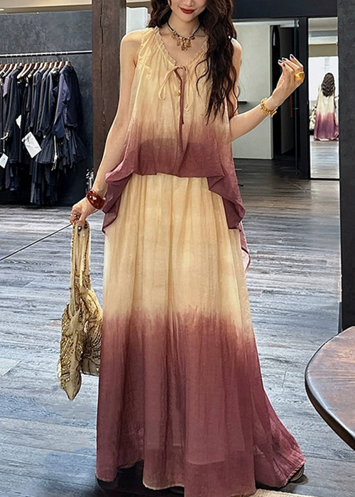 V Chic Purple Two False Pieces Neck Silk Linen Ruffled Dress