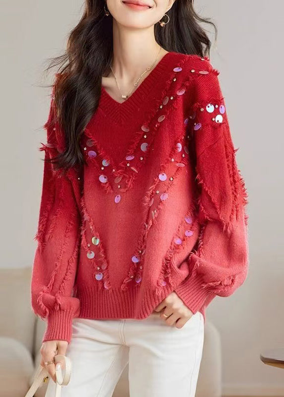 Schicker roter Farbverlauf V-Ausschnitt Quaste Pailletten Strickpullover Tops Frühling TQ002