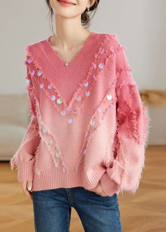 Schicker roter Farbverlauf V-Ausschnitt Quaste Pailletten Strickpullover Tops Frühling TQ002