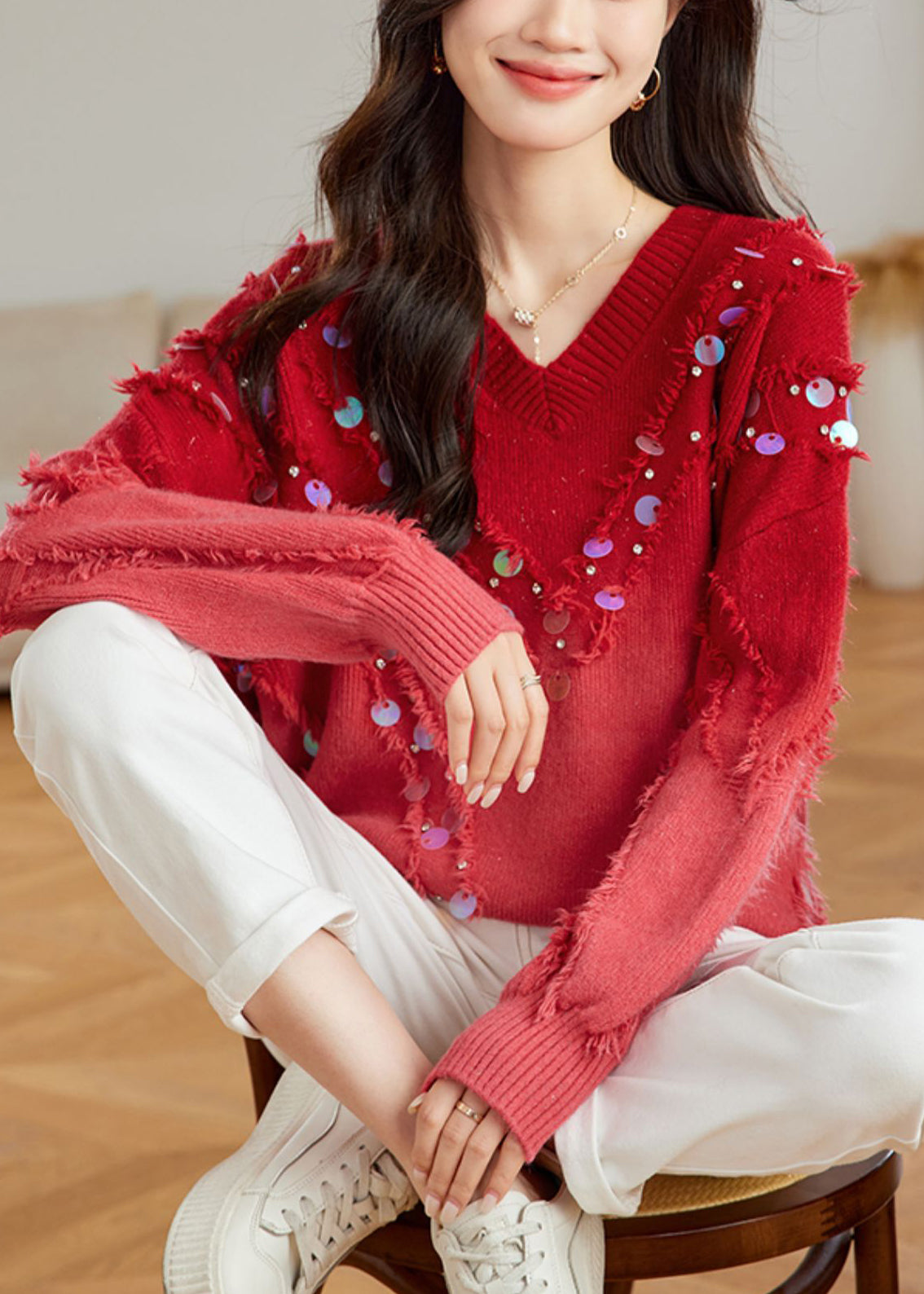 Schicker roter Farbverlauf V-Ausschnitt Quaste Pailletten Strickpullover Tops Frühling TQ002