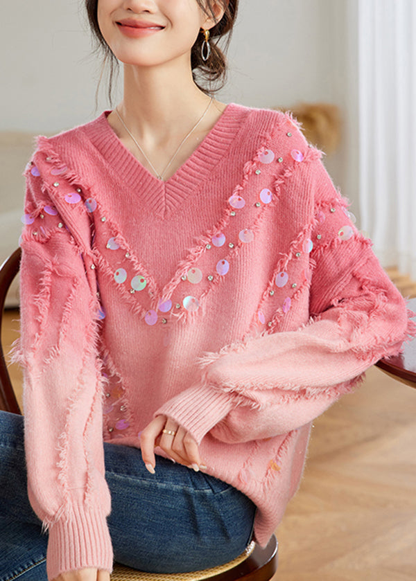 Schicker roter Farbverlauf V-Ausschnitt Quaste Pailletten Strickpullover Tops Frühling TQ002