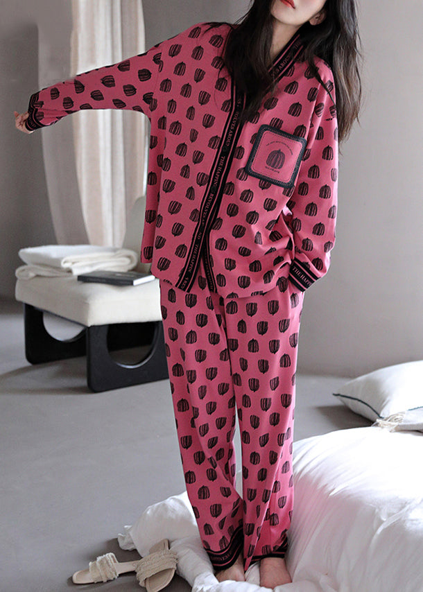 Set Rose Print Pieces Cotton Two Pajamas V Neck Chic Fall