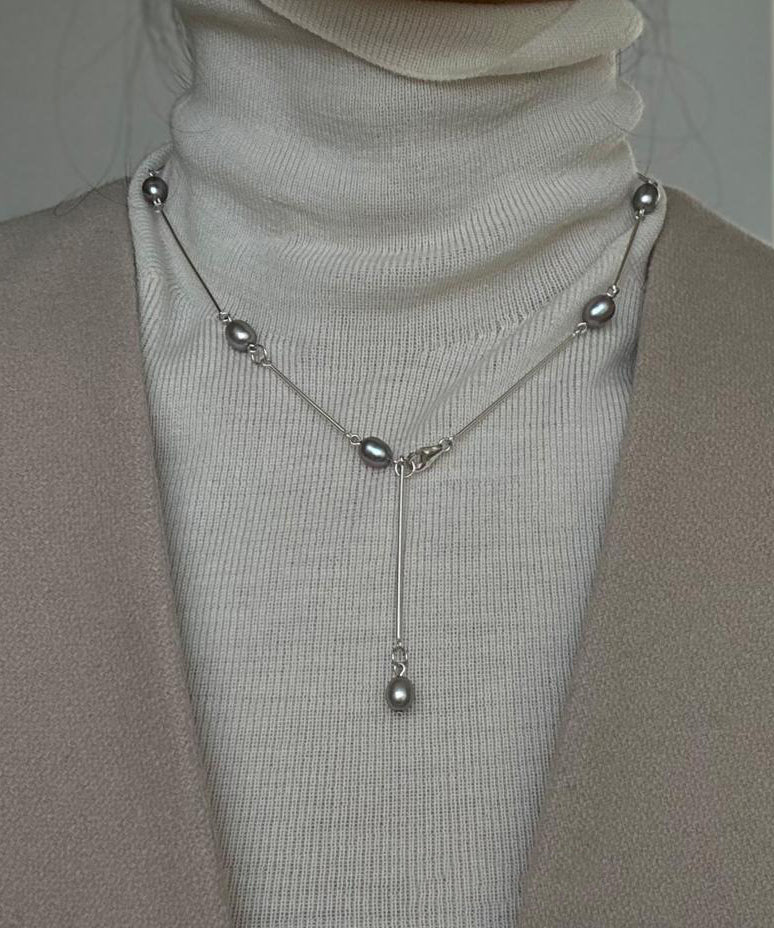 Schicke Seiden-Edelstahl-Perlen-Lasso-Halskette QJ015