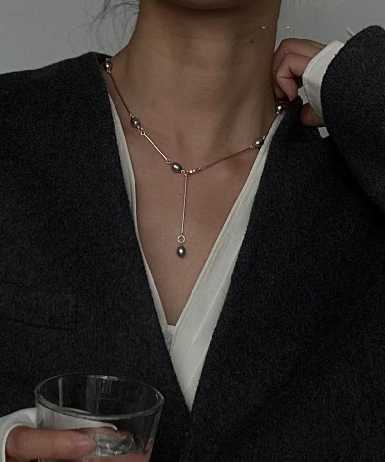 Schicke Seiden-Edelstahl-Perlen-Lasso-Halskette QJ015