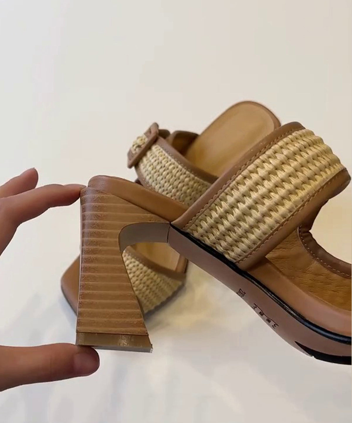Faux Heel Chic Splicing Sandals Leather Chunky Slide Brown