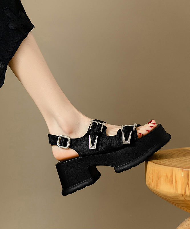 Chunky Black Peep Toe Splicing Sandals Leather Chic Cowhide