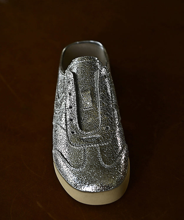 Splicing Cowhide Chic Slide Leather Sandals Silver Wedge