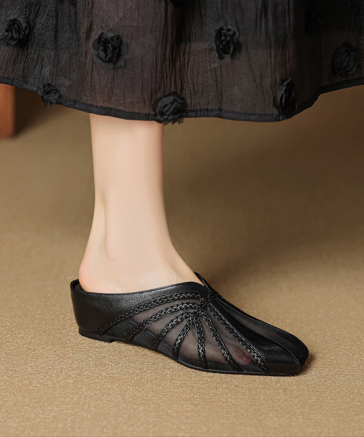 Gold Tulle Wedge Splicing Slide Cowhide Chic Sandals Leather