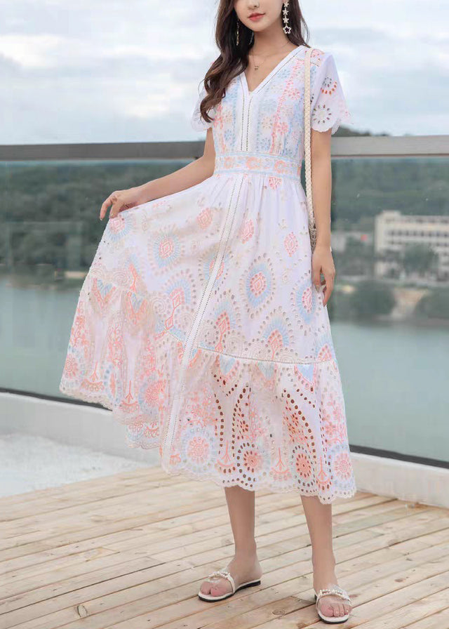 Aushöhlen V-Kleid Leinen Langer Hals Chic Sommer
