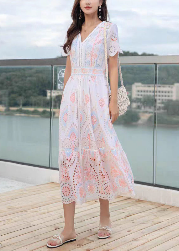 Aushöhlen V-Kleid Leinen Langer Hals Chic Sommer