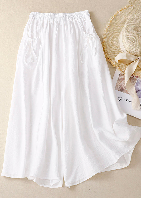 Pantalon en coton chic avec poches et taille large, élastique, blanc, pour l'été
