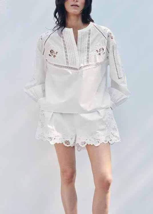 Out Fall Cotton Embroidered Set Hollow White Two Chic Piece