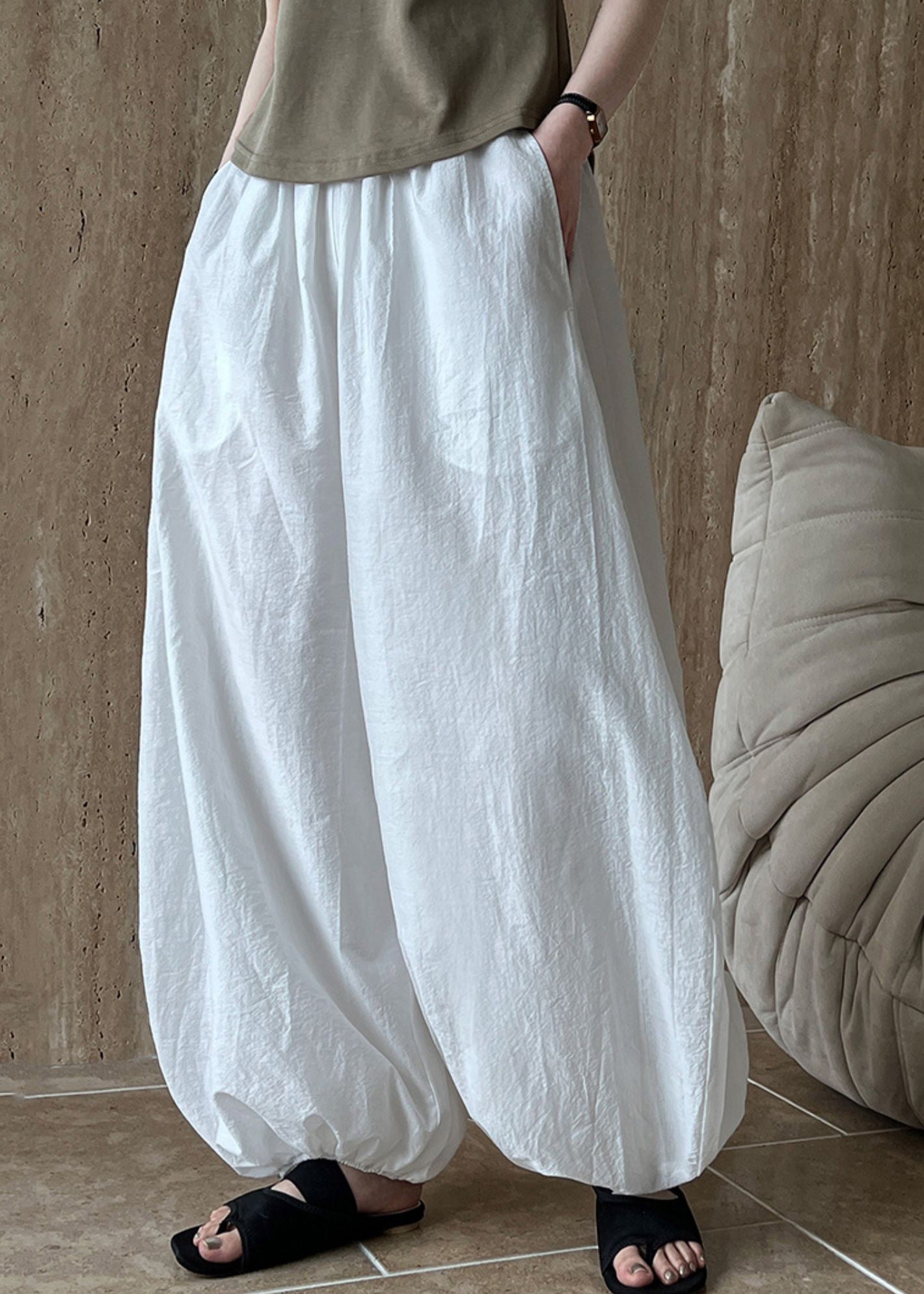 Pantalon d'été oversize en coton lanterne chic blanc