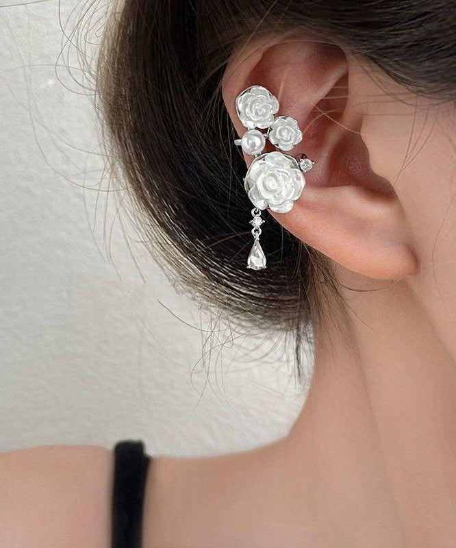 Drop Tassel Chic Earrings Rose Sterling Silver Asymmetrical White