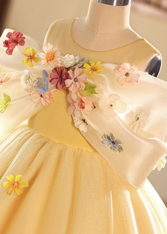 Chic Yellow O-Neck Floral Tulle Kids Long Dresses Summer YG004