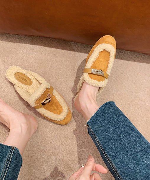 Schicke gelbe Hausschuhe Schuhe Spleißen Fuzzy Wolle gefüttert RX011