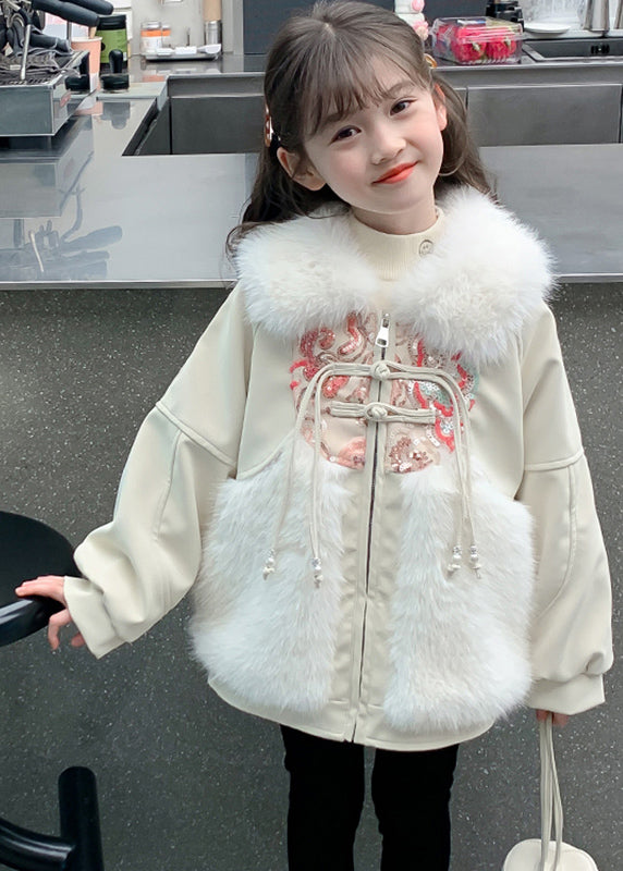Chinesischen Stil Beige Peter Pan Kragen Embroideried Patchwork Warme Fleece Kinder Mäntel WinterTG026