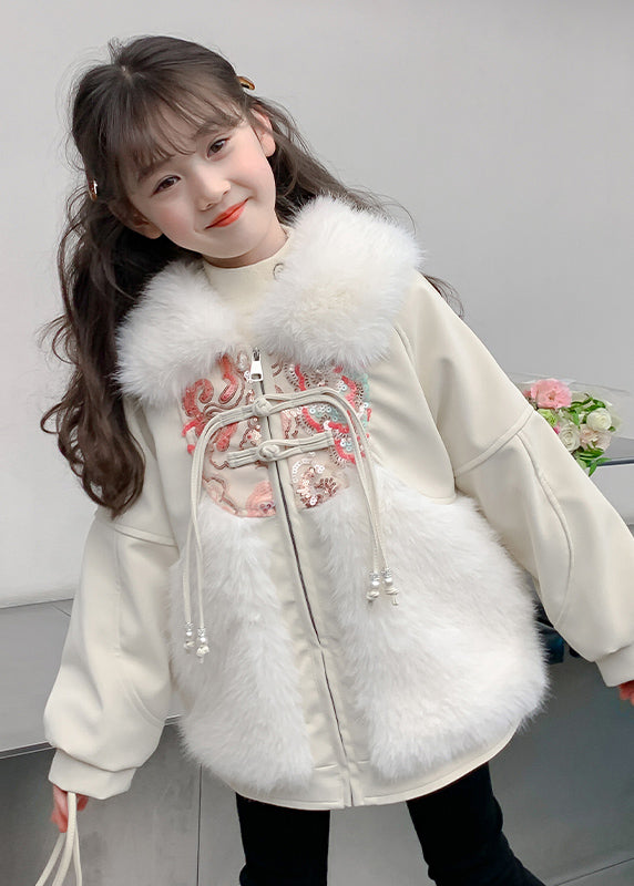 Chinesischen Stil Beige Peter Pan Kragen Embroideried Patchwork Warme Fleece Kinder Mäntel WinterTG026