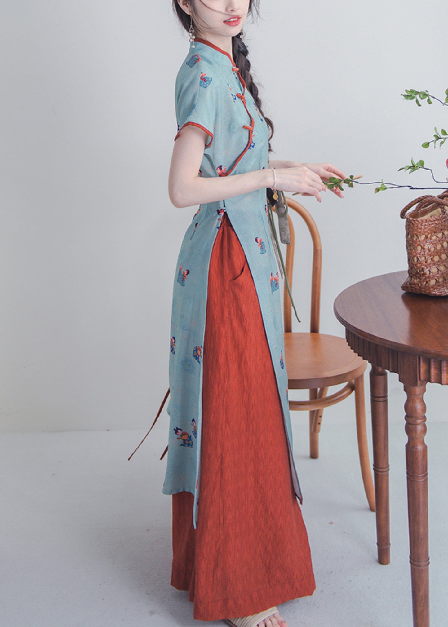 Chinesischen Stil Blau Stehkragen Taste Druck Baumwolle Sets 2 Stück Sommer KK044