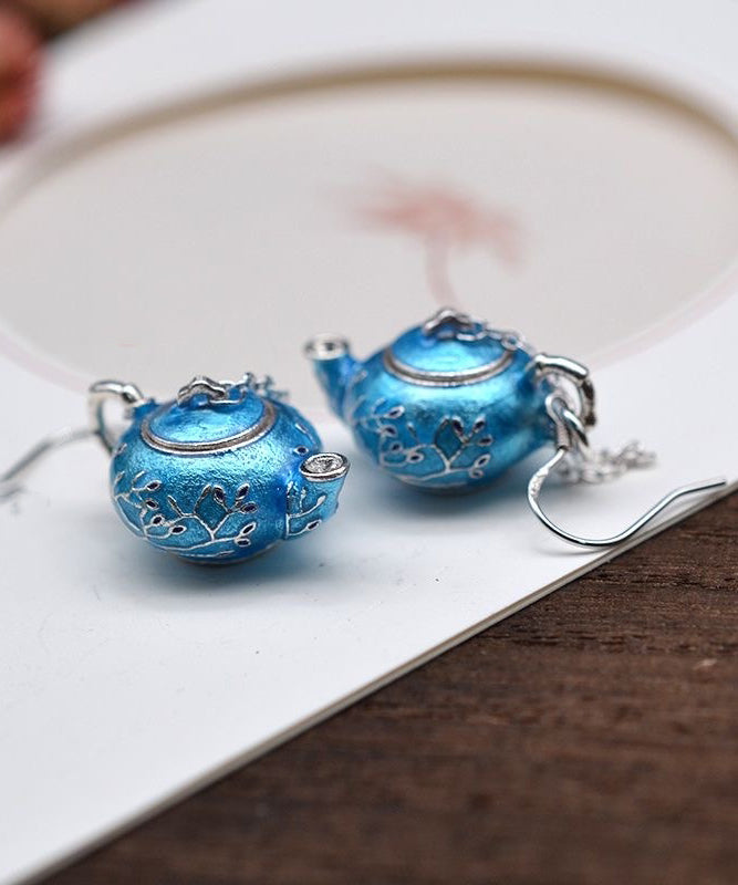 Chinesischer Stil Blau Sterling Silber Cloisonné Pflaumenblüte Teekanne Creolen RB011