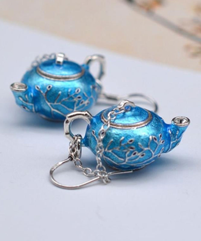 Chinesischer Stil Blau Sterling Silber Cloisonné Pflaumenblüte Teekanne Creolen RB011
