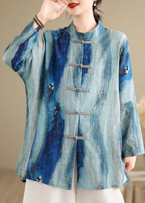 Chinesischen Stil Blau Tie Dye Orientalischen Knopf Baumwolle Shirts Frühling TJ013