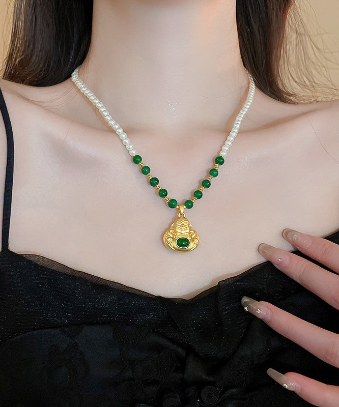 Collier avec pendentif en forme de statue de Bouddha en alliage de cuivre colorblock de style chinois YI045