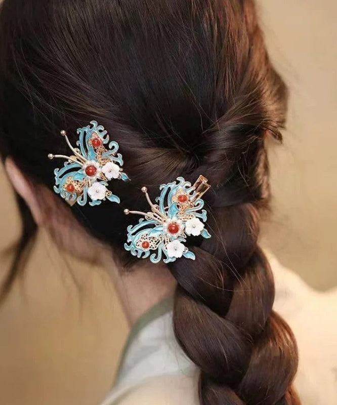 Haarnadel im chinesischen Stil mit Farbblock-Design, Sterlingsilber, vergoldet, Glocke, Orchidee, Schmetterling, Perle, TS010