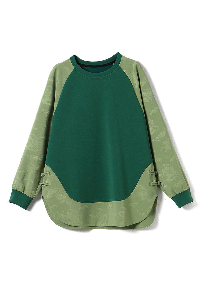 Chinesischen Stil Grün O Neck Jacquard Patchwork Baumwolle Sweatshirts Top Frühling TQ036