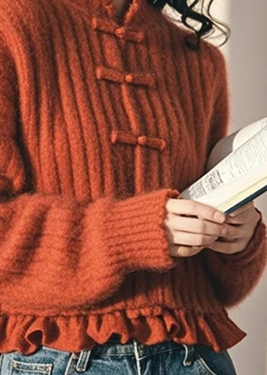 Chinesischen Stil Orange Rüschen Orientalischen Knopf Strick Pullover Frühling TN050