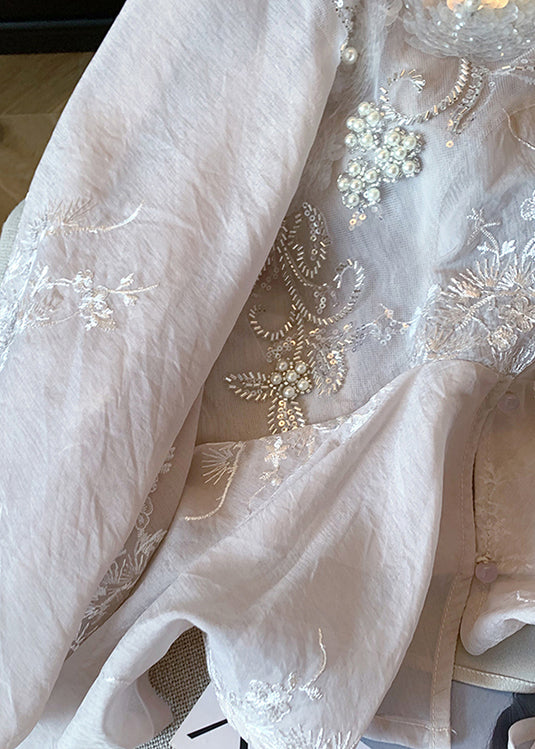 Chemise en coton brodée de paillettes roses de style chinois, perles à ongles, printemps YF017