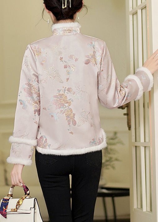 Chinesischen Stil Rosa Pelz Kragen Taste Patchwork Dicken Parka Winter QG030