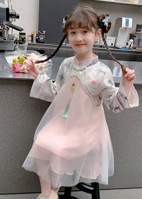 Maxi-Kleid für Kinder, Perlen, chinesischer Tüll, Nagelkragen, Ständer, Rosa