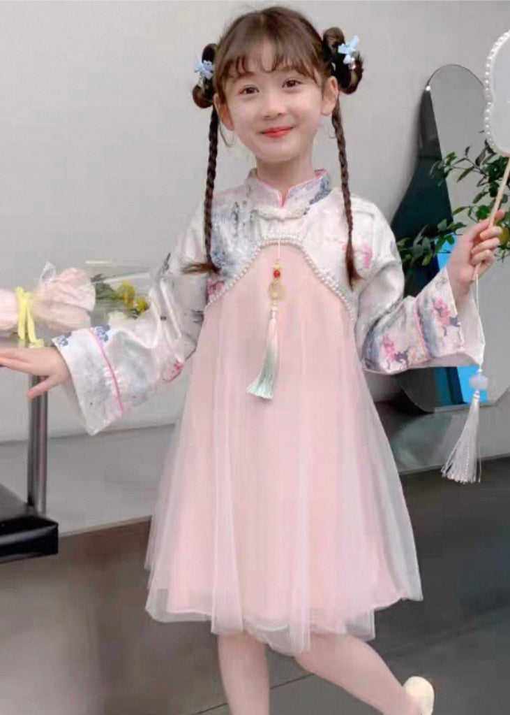 Maxi-Kleid für Kinder, Perlen, chinesischer Tüll, Nagelkragen, Ständer, Rosa